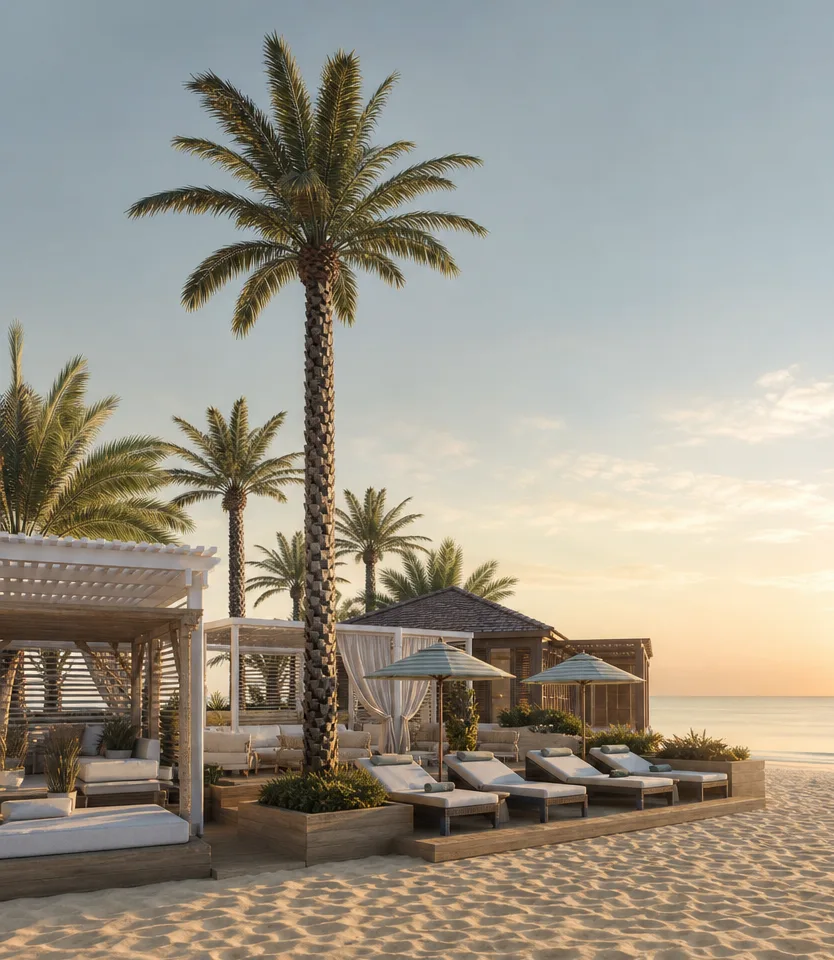 Beachfront cabanas and loungers under tall palms at sunset
