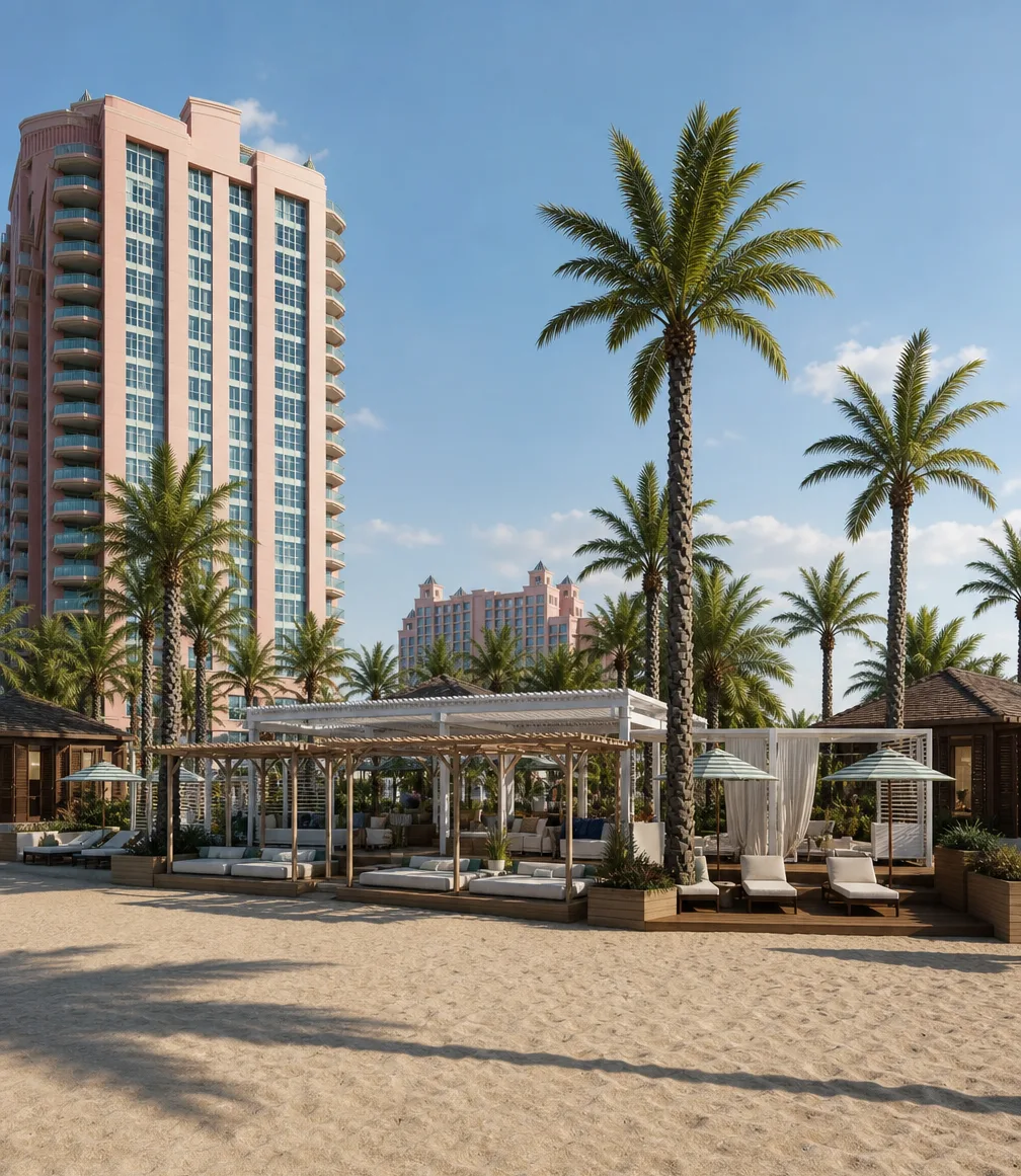 Beach club cabanas and daybeds on the sand beneath palms, The Cove tower behind